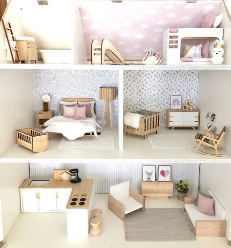 Corner Unit Living Room, Barbie Room Decor, Modern Dolls House, Floor Rugs Bedroom, Dollhouse Bedroom, Diy House Renovations, Doll House Plans, Doll House Crafts, Dollhouse Miniatures Diy