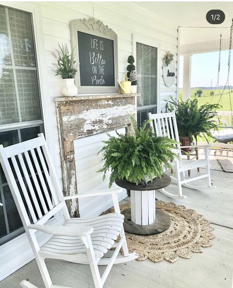 Simple Farmhouse Front Porch, Back Porch Sitting Area, Barndo Porch Decor, Porch Mantle Decor, Farmhouse Front Porches Artwork, Country Porches Farmhouse Rustic, Relaxing Front Porch Ideas, Long Porch Decorating Ideas Farmhouse, Boho Farmhouse Front Porch