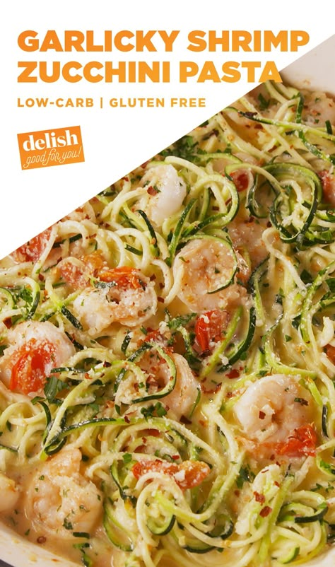 Garlicky Shrimp Zucchini Pasta Is Your Low-Carb BFFDelish Shrimp Zucchini Pasta, Shrimp And Zucchini, Zucchini Pasta Recipes, Shrimp Zucchini, Garlicky Shrimp, Potato Toast, Pasta Shrimp, Zoodle Recipes, Spiralizer Recipes