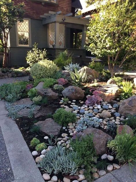 32 Inexpensive Desert Landscaping Ideas For a Perfect Drought-Tolerant Garden | Decor Home Ideas Alternative Landscaping Ideas, North Idaho Landscaping Ideas, Drybed Landscape, Rocks In Landscape, Lakehouse Vibes, Decorative Downspouts, Xeriscape Front Yard, Rock Yard, Moderne Have