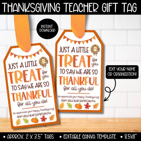 Introducing our editable Thanksgiving Gift Tags, the perfect way to express gratitude to your boss, staff, teacher, employee, friends, neighbors, or anyone deserving of your thanks. This beautifully designed tag set features a heartfelt message, "Just a little treat for you because we're thankful for all you do!" Making your gesture of appreciation couldn't be easier - simply download the template, customize it with your name, print, and cut it out. Show your thanks in style and make someone's T Thanksgiving Marketing Gifts, Teacher Gratitude Gifts, Thanksgiving Gift Ideas For Employees, Gratitude Gifts For Coworkers, Thanksgiving Referral Gifts Marketing, September Teacher Gifts, Thanksgiving Gift Ideas For Teachers, Thanksgiving Coworker Gift Ideas, Thankful Teacher Gifts Thanksgiving