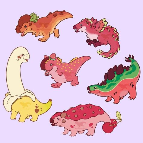 Fruit Dinosaur Drawing, Dinosaurs Stickers, Fruit Dinosaur, Cute Food Animals Drawings, Animal Cute Drawing, Dinasour Cute, Chibi Dinosaur, Cute Dinosaur Painting, Illustration Art Animals