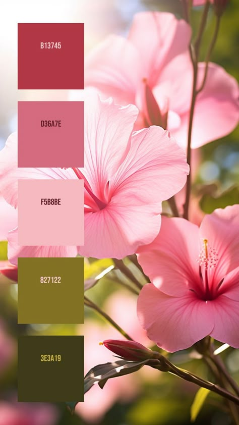 Colors: B13745 ° D36A7E ° F5B8BE ° 827122 ° 3E3A19 Old Rose Color Palette, Old Rose Color, Beach Color Palettes, Color Design Inspiration, Color Combos Outfit, Hex Color Palette, Bokeh Effect, Color Schemes Colour Palettes, Pink Hibiscus