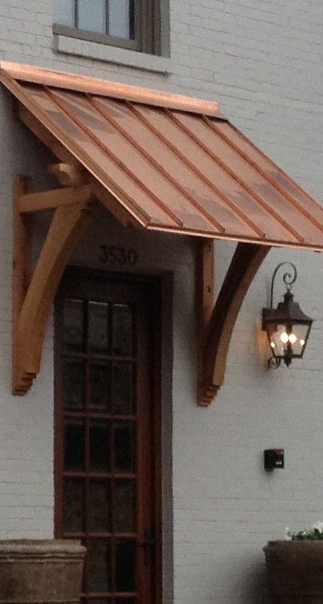 Kobels from Roy Lumber, Bessemer Copper Awnings Over Windows, Awnings Over Windows, Kylie House, Farm Porch, Door Canopies, Cottage Doors, Copper Awning, Awning Over Door, Shop Entrance