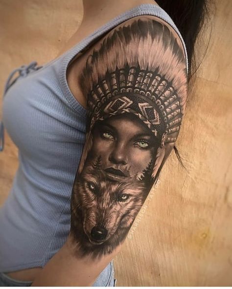 Indian Women Tattoo, Native American Wolf Tattoo, Indian Girl Tattoos, Wolf Tattoo Meaning, Wolf Tattoos For Women, Wolf Tattoo Ideas, Headdress Tattoo, 16 Tattoo, Chola Girl