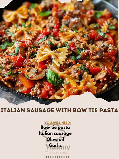 🍝 Savor the flavors of Italian Sausage with Bow Tie Pasta! 🌿✨ #ItalianSausagePasta #FlavorfulFeast Italian Sausage with Bow Tie Pasta Ingredients: Bow tie pasta (12 oz) Italian sausage, sliced (1 lb) Olive oil (2 tbsp) Garlic, minced (3 cloves) Onion, chopped (1) Red bell pepper, sliced (1) Crushed tomatoes (1 can, 15 oz) Heavy cream (1 cup) Parmesan cheese, grated (1/2 cup) Fresh basil, chopped (for garnish) Salt and pepper to taste Instructions: Cook pasta according to package instructi... Italian Sausage Cherry Tomatoes Pasta, Italian Sausage Bowtie Pasta, Sausage Bowtie Pasta, Bow Tie Pasta Recipes, Bow Tie Pasta, Italian Sausage Pasta, Cherry Tomato Pasta, Pasta Ingredients, Bowtie Pasta