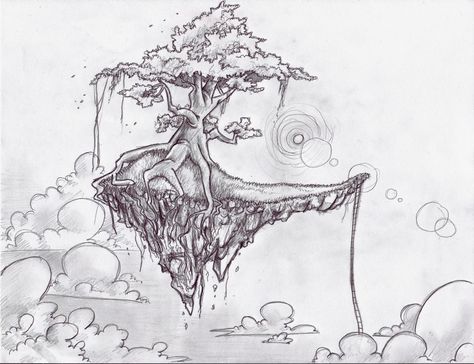 Fantasy Tree Floating drawing | The Floating Island by Araiko-O Floating Island Sketch, Floating Island Illustration, Floating Island Drawing, Fantasy Tree Drawing, Floating Drawing, Kodama Tattoo, Island Drawing, Flying Island, Fantasy Tree