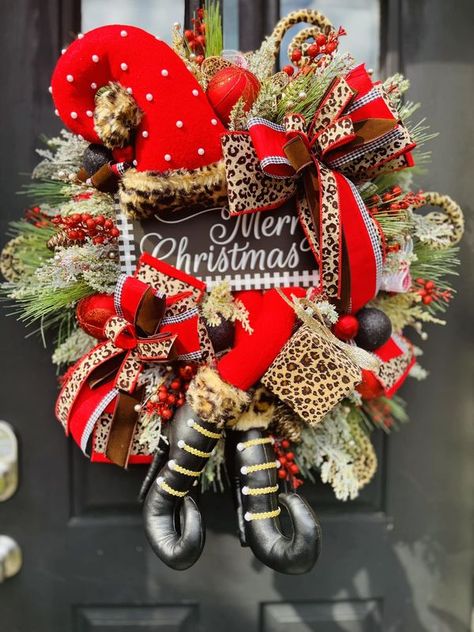 Glam Wreath, Wreath Leopard, Door Christmas Decor, Plaid Christmas Wreath, Christmas Glam, Elf Wreath, Glam Christmas, Dog Wreath, Wreath Hanger