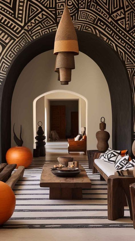 African Safari Tribal Living Room: Transport yourself to an African safari with tribal accents in your living room. Animal prints, earthy tones, and cultural artifacts create a warm and adventurous atmosphere, turning your space into a safari-inspired haven. See more on Nymphs Daily Blog. Black And White Aesthetic House, Aesthetic House Modern, White Aesthetic House, African Home Design, Moroccan Restaurant Interior, Safari Living Rooms, Modern African Decor, African Room, African Aesthetic