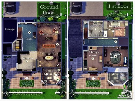 Dursley House, Sims 4 Harry Potter, 4 Privet Drive, House Floorplan, Dining Roo, Harry Potter House, Garage Bedroom, Sims House Plans, Harry Potter Houses