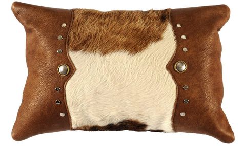 As Seen On Cowgirl.com: Leather Pillows from Rustic Artistry Western Headboard, Headboard Alternative, Cowhide Decor, Leather Pillows, Western Pillows, Hide Pillows, Cowhide Pillow, Cowhide Furniture, Leather Throw Pillows