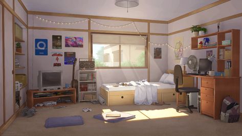 ArtStation - Retro style bedroom, Anastasia Ermakova Study Coding, Japan Bedroom, Retro Style Bedroom, Morning Bedroom, Anime Houses, Anime Bedroom Ideas, Bedroom Illustration, Casa Anime, Japanese Bedroom