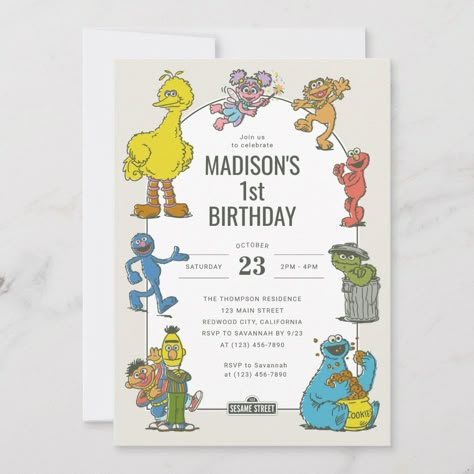 Vintage Sesame Street Characters Birthday Invitation Sesame Street Birthday Party Ideas, Baby Birthday Party Invitations, Elmo Birthday Invitations, Sesame Street Birthday Invitations, Elmo First Birthday, Sesame Street Invitations, Sesame Street Characters, Sesame Street Birthday Party, Sesame Street Party