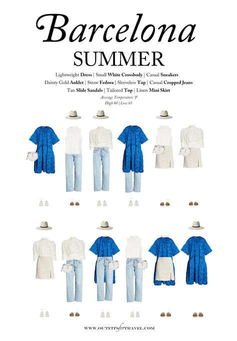 Seasonal Guide: 10 pieces to pack for a trip to Barcelona this summer. Find what to wear to Barcelona in the summer in our chic Europe summer packing guide. How to pack for Barcelona in the summer. Barcelona capsule wardrobe. Summer capsule wardrobe. Summer packing guide. Spain packing guide. Spain capsule wardrobe. #summeroutfits #fashion #Barcelona #travelwardrobe #capsulewardrobe #chic #Spain #ootd #2020 #Europe Summer Outfit Barcelona, Weekly Outfit Planner Summer, Spain Capsule Wardrobe Summer, Ibiza Capsule Wardrobe, Barcelona Capsule Wardrobe, Barcelona Summer Fashion, What To Wear In Barcelona Summer, Spain Fashion Summer Barcelona, Outfits For Barcelona Summer