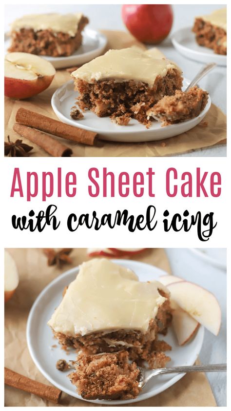 As Fall approaches and apples are in season make this homemade apple sheet cake and then slather it with this easy stovetop caramel icing. The apple cake can also be made into a apple layer cake. The recipe is also made in one bowl. Made with lots of spices like cinnamon, and lots of brown sugar for flavor. Apple Sheet Cake, Weight Watcher Desserts, Salted Caramels, Fall Cake, Sheet Cake Recipes, Low Carb Dessert, Fall Cakes, Think Food, Caramel Apple