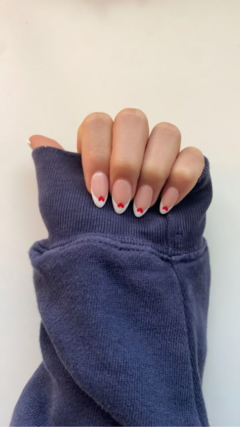 nails, teen, heart, french tip Heart French Tips Nails, Heart Shaped French Tip, Heart Shaped French Nails, French Tips With Small Heart, French Tip W Heart, French Tip With Heart Design, French With Heart, French Heart Nails, French Tip With Hearts