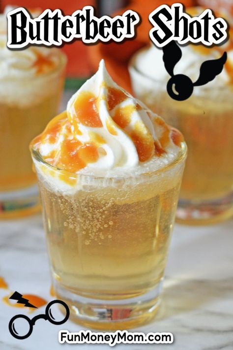 Butterbeer Shots Harry Potter, Harry Potter Inspired Alcoholic Drinks, Nerd Drinks Alcohol, Butter Beer Shots Harry Potter, Harry Potter Beer Olympics, Butter Beer Jello Shots Harry Potter, Harry Potter Drink Recipes, Spiked Butterbeer Recipe, Harry Potter Shots Alcohol