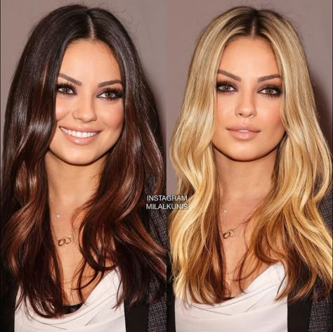 Mila Kunis ( comparison blend ) Brunette ( natural ) vs Blonde ( photoshopped )🤔 You decide… Photo source: Mila at Jaguar-Land Rover preview Los Angeles Auto Show Beverly Hills, CA ( November 15, 2011 ) shared to groups 6/17/22 Brunette Or Blonde, Blonde Vs Brunette, Mila Kunis, Brunette To Blonde, Alexandra Daddario, Sophia Loren, Cara Delevingne, Marilyn Monroe, Pretty Hairstyles