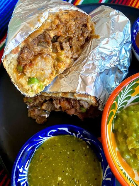 Steak And Shrimp Burrito Recipe, Surf And Turf Burrito Recipe, Steak Burrito Recipe, Big Burrito, Roasted Salsa Verde, Garlic Chili Oil, Shrimp Burrito, California Burrito, Roasted Salsa