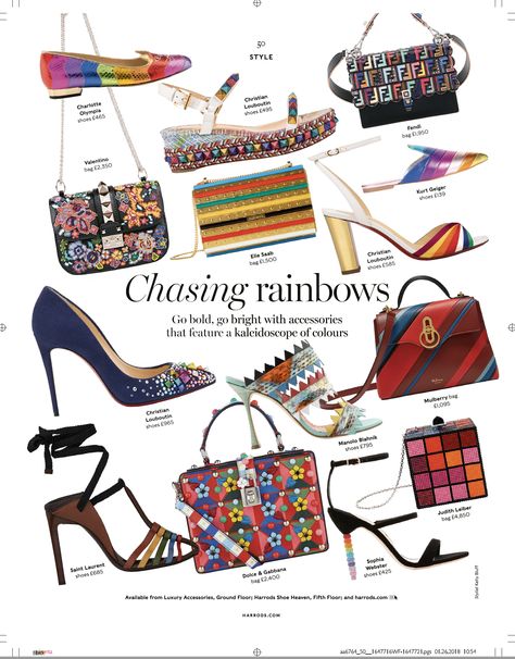 Harrods Magazine March Womenswear Style Page {Rainbow Accessories} Omnibus Layout, Magazine Page Design, Model Off Duty Aesthetic, Magazine Format, Fashion Editorial Layout, Fashion Magazine Design, Fashion Magazine Layout, Rainbow Accessories, 잡지 레이아웃