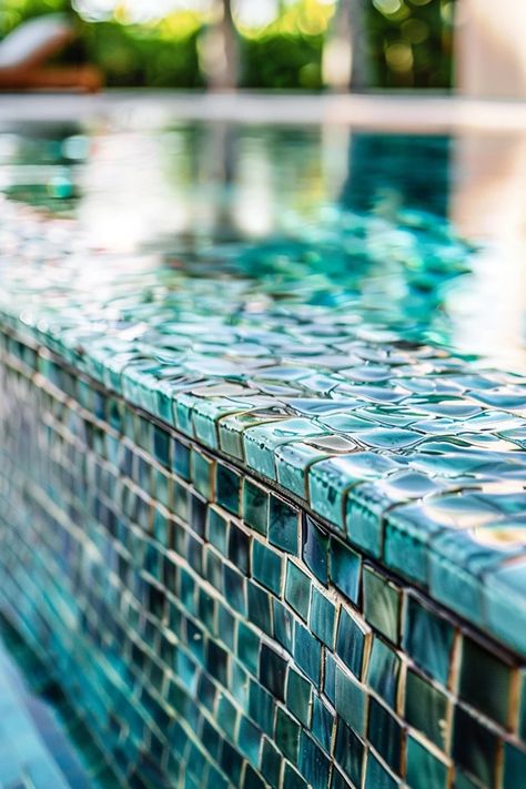 Modern Pool Waterline Tile Ideas for a Chic Look Pool Tile Combinations, Zellige Tile Pool Waterline, 2024 Pool Tile Trends, Organic Pool Design, Mediterranean Pool Ideas, Waterline Tile For Pool, Pool Waterline Tile Ideas, Modern Pool Tile Ideas, Pool Waterline Tile