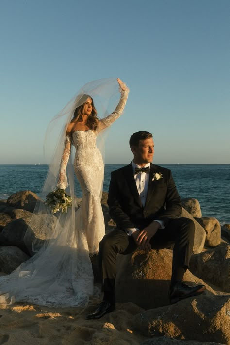 Destination Cabo Wedding | Bride and Groom Wedding Portraits | Beach Wedding Photos | Cabo San Lucas Wedding | K+A said I do overlooking the ocean at the Waldorf Astoria in Cabo surrounded by their closest friends and family. Planned by @ariannacampo.loscabos. Follow @chelseageephotography for more Cabo wedding ideas, wedding dress inspiration, destination wedding photos, bridal portraits, beach photos, and more. Hawaii Mountain Wedding, Beach Wedding Ring Photos, Mexico Beach Elopement, Marina Wedding Photos, Cabo Engagement Photos, Wedding Ocean Pictures, Wedding Pictures In The Ocean, Greece Wedding Photos, Ocean Wedding Photography