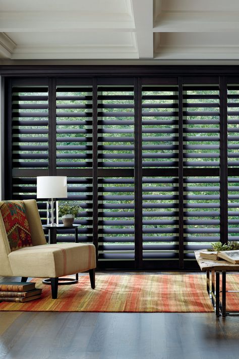 Insulated Blinds, Sliding Glass Door Window Treatments, Living Room Shutters, Shutters Interior, Sliding Glass Door Window, Interior Window Shutters, Door Window Treatments, Outdoor Window, Woven Wood Shades