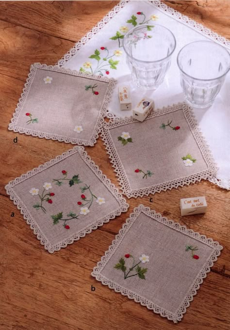 Coaster Embroidery, Handkerchief Embroidery, Embroidery Napkins, Sulaman Pita, Wild Strawberry, Embroidery Book, Hand Embroidery Projects, Pola Sulam, Japanese Embroidery