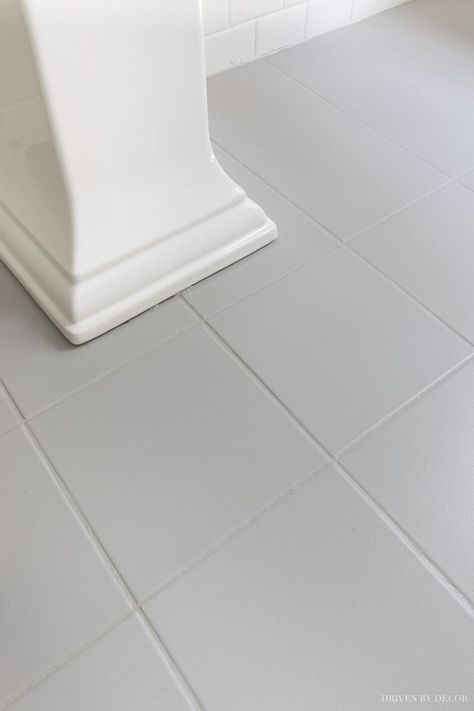 How I painted my bathroom tile floors so that they look like a million bucks!! Bathroom Floor Tile Paint Ideas, Painted Bathroom Floor Ideas, Paint Tiles Bathroom, Painting Tile Floors Bathroom, Painted Tiles Bathroom, Painted Bathroom Tiles, Painted Bathroom Tile, Paint Tile Floor, Paint Bathroom Tile