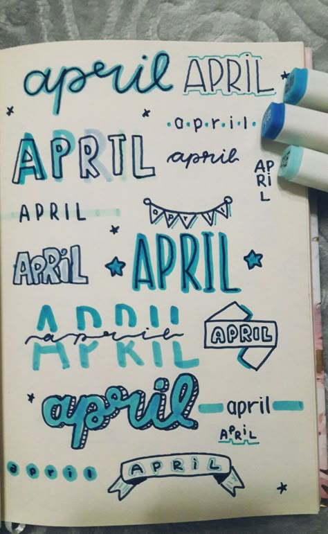 April Font Hand Lettering, Title Pages Ideas, Title Page Ideas, Bullet Journal Titles, Bullet Journal 2024, April Bullet Journal, Bullet Journal Work, Bullet Journal Headers, Pretty Writing