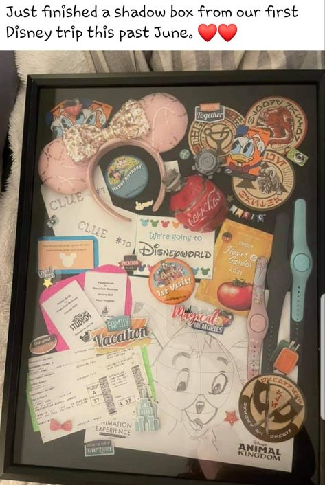 Disney World Shadow Box Ideas, Disney Memory Boxes, Doorables Disney Display, Disney Shadow Box Ideas, Disney Hallway, Disney Apartment, Disney Shadow Box, Disney Decor Bedroom, Disney Display