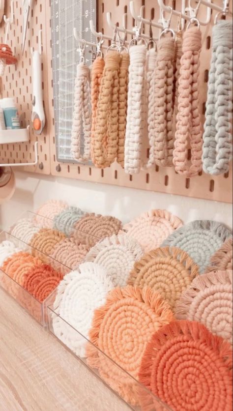 #aesthetic #coasters #bohodecoration #bohostyle #macrame #homedecoration Craft Sale Aesthetic, Boho Craft Show Display, Macrame Selling Ideas, Macrame Projects To Sell, Macrame Display Ideas, Macrame Ideas To Sell, Macrame Vendor Display, Macrame To Sell, Macrame Market Display