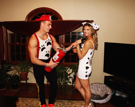 Couple halloween costume firefighter and Dalmatian dog Firefighter Couple Halloween Costume, Hot Dalmation Costume, Firefighter And Dog Costume, Dalmation And Firefighter Couple Costume, Dalmatian Firefighter Costume, Dalmation And Firefighter Costume Couple, Fireman Couple Costume, Dalmation And Fire Fighter Costume, Firefighter Dalmation Costume