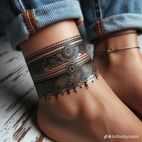 Leg Cuff Tattoo, Wrap Around Ankle Tattoo, Ankle Tattoo Mandala, Ankle Tattoos For Women Wrap Around, Around Ankle Tattoo, Ankle Cuff Tattoo, Fem Tattoos, Tattoo Cuff, General Tattoo