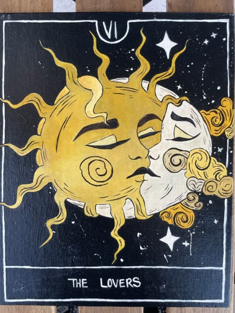 The Sun Aesthetic Tarot, Tarot Acrylic Painting, The Moon Tarot Painting, Diy Wall Decor Painting Canvases, Lovers Abstract Art, Sun Moon Stars Painting, Sun Moon Painting Acrylic, Tarot Card Painting Ideas, Tarot Painting Ideas