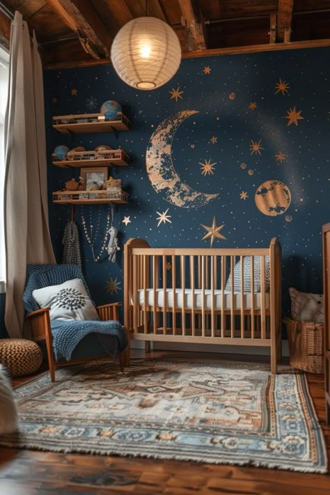 Starry Night Nursery, Galaxy Nursery, Night Nursery, Sky Nursery, Celestial Boho, Moon Nursery, Nursery Room Ideas, Baby Room Themes, Baby Boy Room Decor