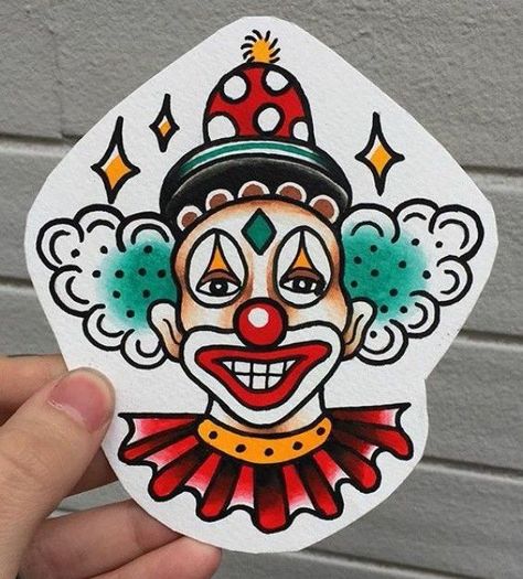 Clown Tattoo Traditional Flash Art, Traditional Style Clown Tattoo, Clown Flash Art, Circus Clown Tattoo, Old School Clown Tattoo, Trad Clown Tattoo, American Traditional Clown Tattoo, Circus Tattoo Traditional, Clown Tattoo Traditional