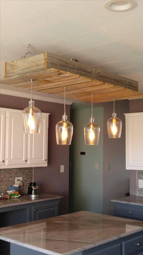 Wooden Light Fixtures Kitchen, Above Island Lighting, Island Lighting Farmhouse, Rustic Industrial Lighting, Wooden Light Fixtures, Diy Wood Plans, Wood Light Fixture, Fencing Material, Wooden Light