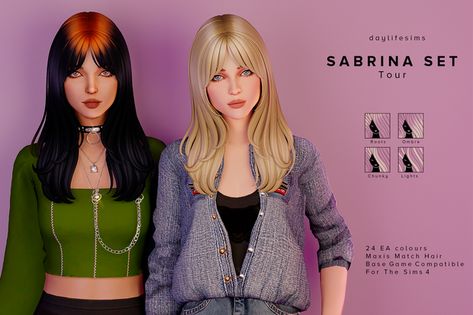 SABRINA HAIR SET - Tour | Patreon Sims 4 Maxis Match Bangs Hair, Daylife Sims, Sabrina Hair, Lotes The Sims 4, Cc Shopping, Y2k Hair, Pelo Sims, Hair Set, Free Sims