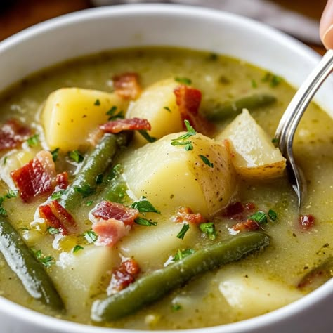 Green Bean Potato Soup, Green Bean Soup German, German Green Bean Soup, Green Bean Soup Recipes, Green Bean And Potato Soup, Green Bean Soup, Ham And Green Beans, Crockpot Green Beans, Bean And Sausage Soup