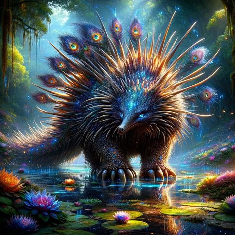 Where magic meets the wild, in the heart of the enchanted wetlands. 🌿💦🦚 #FantasyCreature #MysticalNature #EnchantedWetlands #FeralBeauty #EchidnaMagic #PorcupinePower #PeacockPride #FloralFantasy #SparklingMagic #WaterElement #DigitalArt #ArtOfTheDay #InstaArt #ArtistsOnInstagram #ContemporaryArt #CreativeAI #TechArt #ModernArt#ArtificialIntelligence #Innovation #fantasyart #fantasycreature #creaturedesign #creatureconcept #aiartcommunity Fey Animals, Fantasy Water Animals, Fantasy Forest Creatures Animals, Sanrio Love, Bioluminescent Animals, Enchanted Animals, Fantastic Beasts And Where To Find Them Magical Creatures, Hybrid Animals, Fairy Pets Fantasy Art