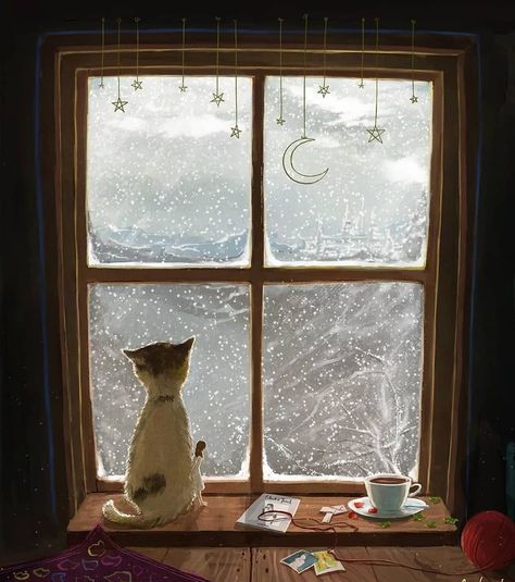 Inspirational Illustrations on Instagram: “#winter #cozy #home #bedroom #cats #snowing…” Winter Drawings, Window Illustration, Window Drawing, Winter Window, Winter Illustration, Window Art, Window Painting, Winter Art, Whimsical Art