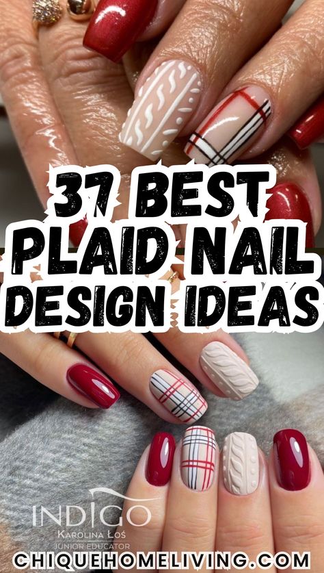 Get your nails ready for sweater weather with these 37 Best Plaid Nail Ideas to Perfect Your Cozy Look! 🧣✨ From classic red and black tartan patterns to modern pastel plaid designs, these nail ideas are perfect for winter vibes. Experiment with matte finishes, glossy topcoats, or even plaid accents paired with solid colors for a chic twist. Add festive touches like glitter stripes or gold detailing to elevate the look. Red And Gold Plaid Nails, Simple Plaid Nail Designs, Christmas Nail Designs Sweater, Plaid Design Nails, Burberry Inspired Nails, Plaid Fingernail Designs, Easy Plaid Nails, Winter Plaid Nail Designs, Tartan Nail Designs