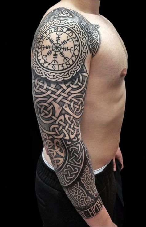 Full Shoulder Tattoo Men, Celtic Tattoos Sleeve, Human Design Tattoo, Nordic Tattoo Sleeve, Viking Sleeve Tattoo, Men's Tattoo Ideas, Celtic Sleeve Tattoos, Voll Arm-tattoos, Scottish Tattoo