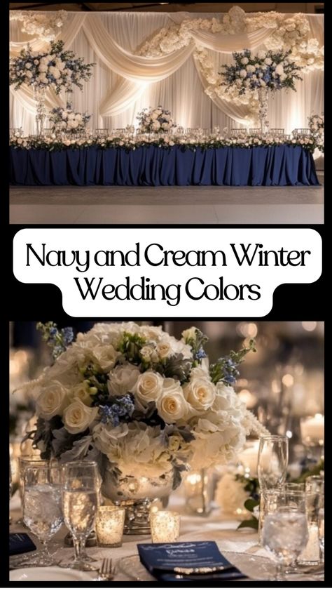 Navy and cream are the perfect color palette for a winter wedding, combining richness with subtle elegance. This classic duo works seamlessly across various elements of your special day, from invitations to decor, attire, and more. Whether you’re planning an intimate gathering or a grand celebration, navy and cream create a sophisticated and timeless ambiance. Explore these inspiring ideas to infuse your wedding with the perfect balance of warmth and cool sophistication for a truly memorable eve Navy Wedding Color Schemes, Wedding Colors Ideas, Navy Tablecloth, Winter Wedding Color Ideas, Cream Wedding Invitations, Navy Wedding Colors, Gold Winter Wedding, Cream Wedding Cakes, Wedding Color Ideas