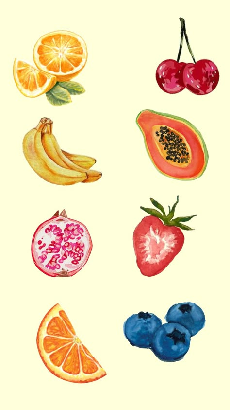 Printable Phone Case Design Art Prints, Cute Fruit Drawings, Shuffle Stickers, Zine Cover, Watercolour Fruit, Summer Prints Wallpaper, Fruit Collage, Cup Painting, Aesthetic Fruit