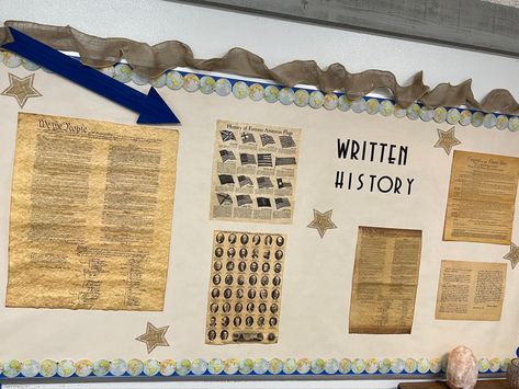 Social studies written history bulletin board #classroom #classroomdecorideas #socialstudies #bulletinboardideas #history History Class Aesthetic, Social Studies Classroom Decorations, Classroom Posters High School, High School Social Studies Classroom, Social Studies Bulletin Boards, History Teacher Classroom, History Bulletin Boards, High School History Classroom, Mindfulness Classroom