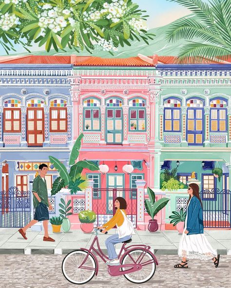 Simply, Katy | This travel print is inspired by the colourful Peranakan houses in Singapore 💕🌷☀️ • This piece was a struggle for me.. I have probably… | Instagram Singapore Peranakan House, Simply Katy Illustration, Peranakan Art, Peranakan House, Singapore Illustration, Simply Katy, Singapore Art, 2024 Inspiration, Sketchbook Ideas