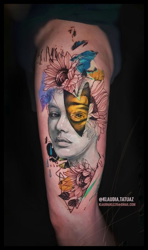 Realistic glitch woman face tattoo with sunflower and graphic art details on tight Realistic Face Tattoo, Tattoo With Sunflower, Womens Face Tattoo, Woman Face Tattoo, Glitch Tattoo, Womens Face, Face Tattoos For Women, Realistic Face, Eye Flower