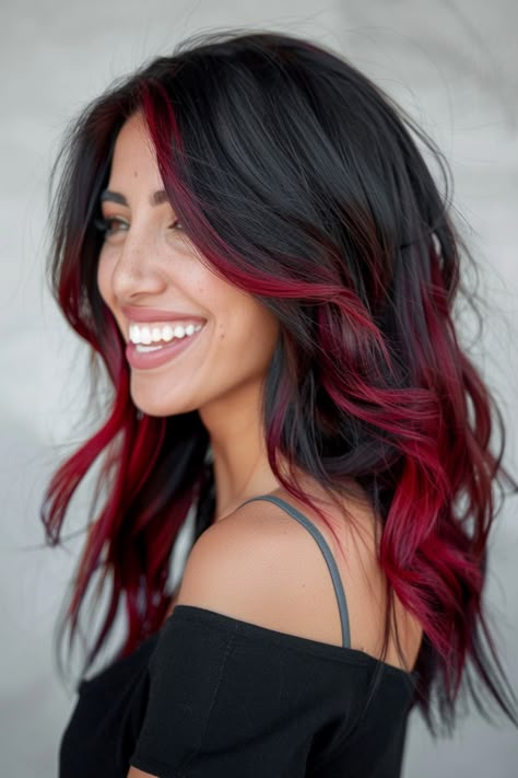 24 Hottest Black Cherry Hair Color Ideas for 2024 – CreativeBooster Long Black Hair Red Highlights, Ombre Cherry Red Hair, Black With Red Money Piece Hair, Red Lowlights In Black Hair, Black Hair With Cherry Red Highlights, Black Hair Red Ombre, Hair Color Ideas For Black Hair With Highlights, Red Stripes Hair, Black And Red Ombre Hair